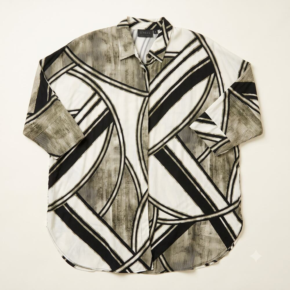 Q/Neel Womens S Artsy Eclectic Lagenlook Abstract Hidden Button Tunic‎ Blouse